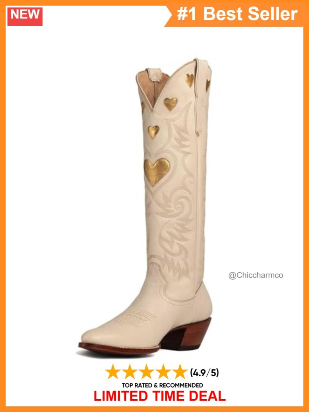 Knee High Cowboy Boots Vegan Leather Western Embroidered Heart Block Heel